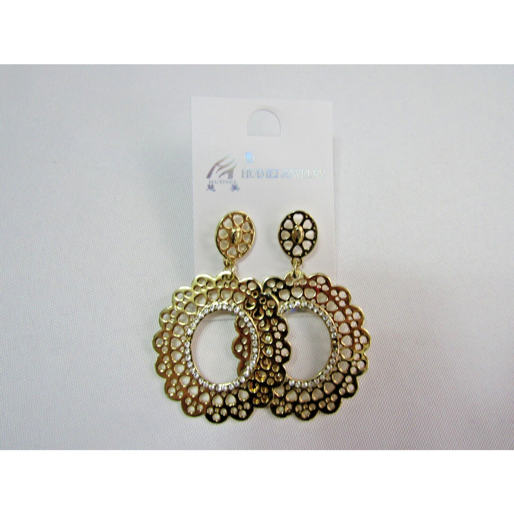 Huimei Gold‎ Oval Inset Rhinestone Open Dangly Earrings Boho Stud Geometric